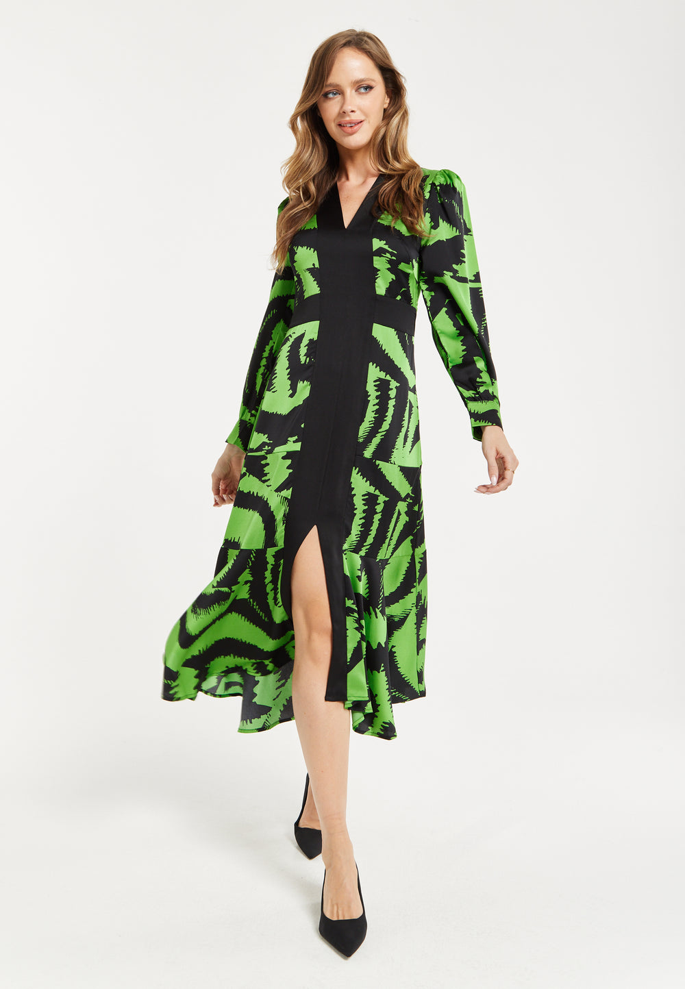 Women's Midi Dress in Zebra Print with Front Slit and Long Sleeves - Stylish Statement Piece by Liquorish