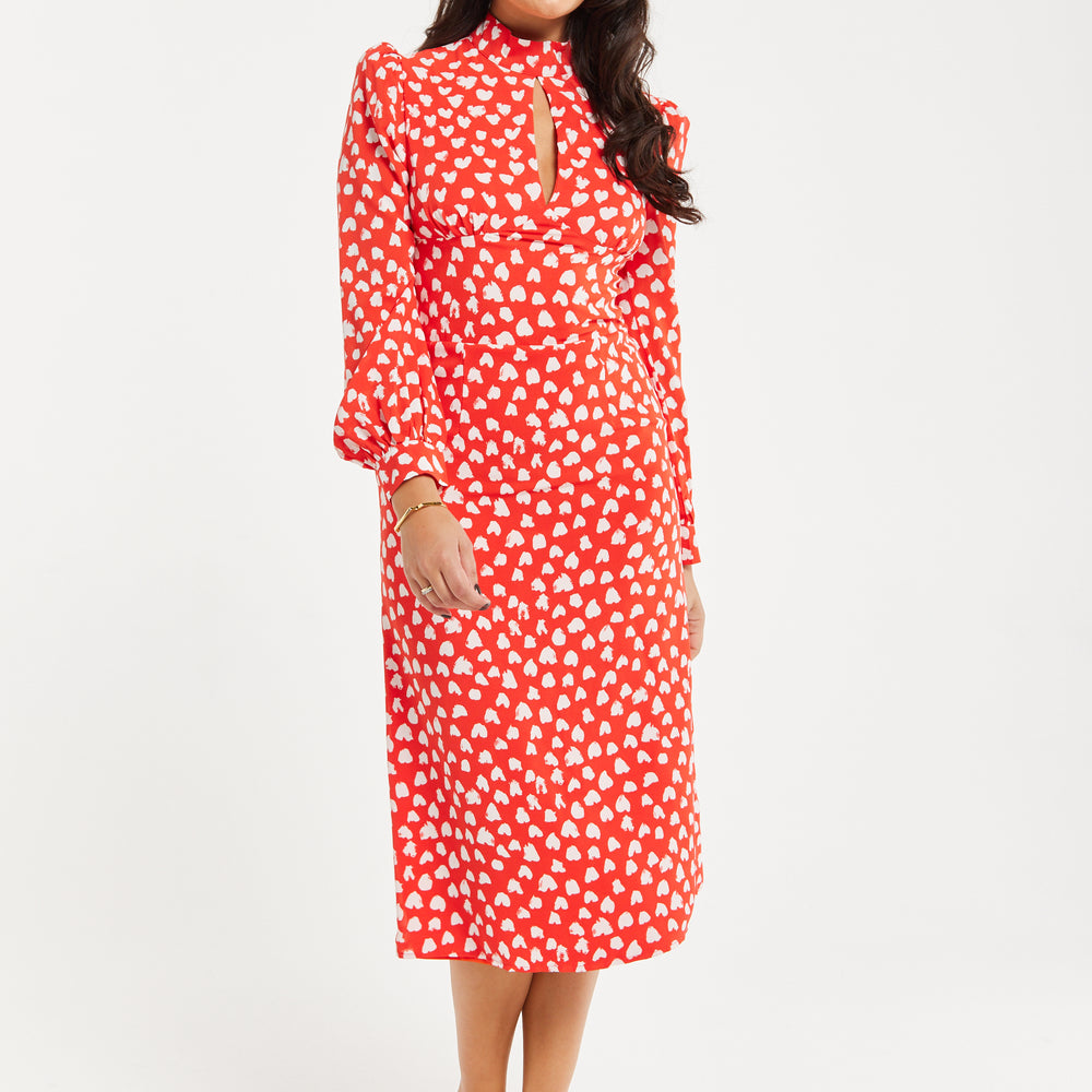 
                  
                    Women's Midi Dress with Long Balloon Sleeves in Red - Heart Print Elegance by Liquorish
                  
                