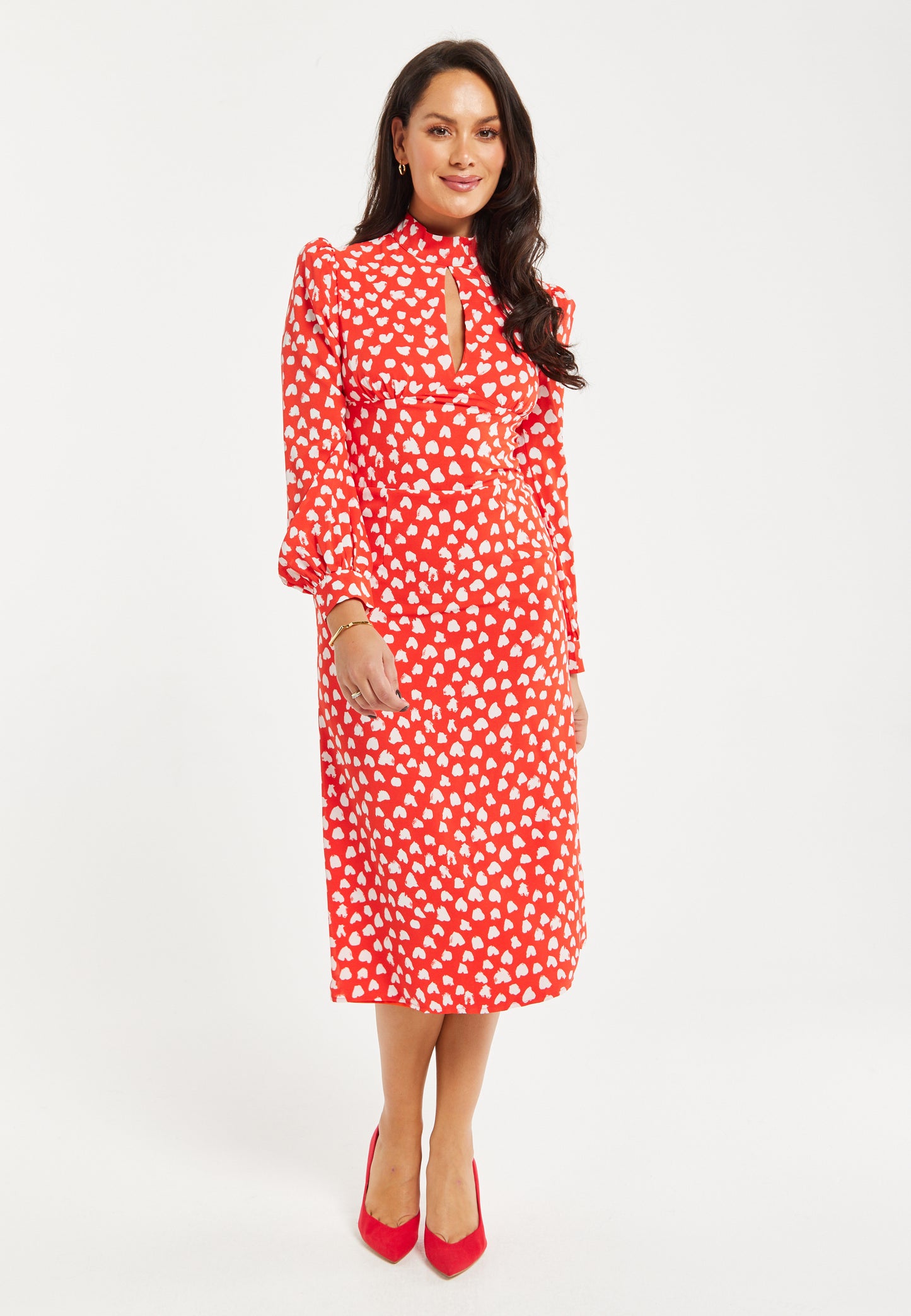 
                  
                    Women's Midi Dress with Long Balloon Sleeves in Red - Heart Print Elegance by Liquorish
                  
                