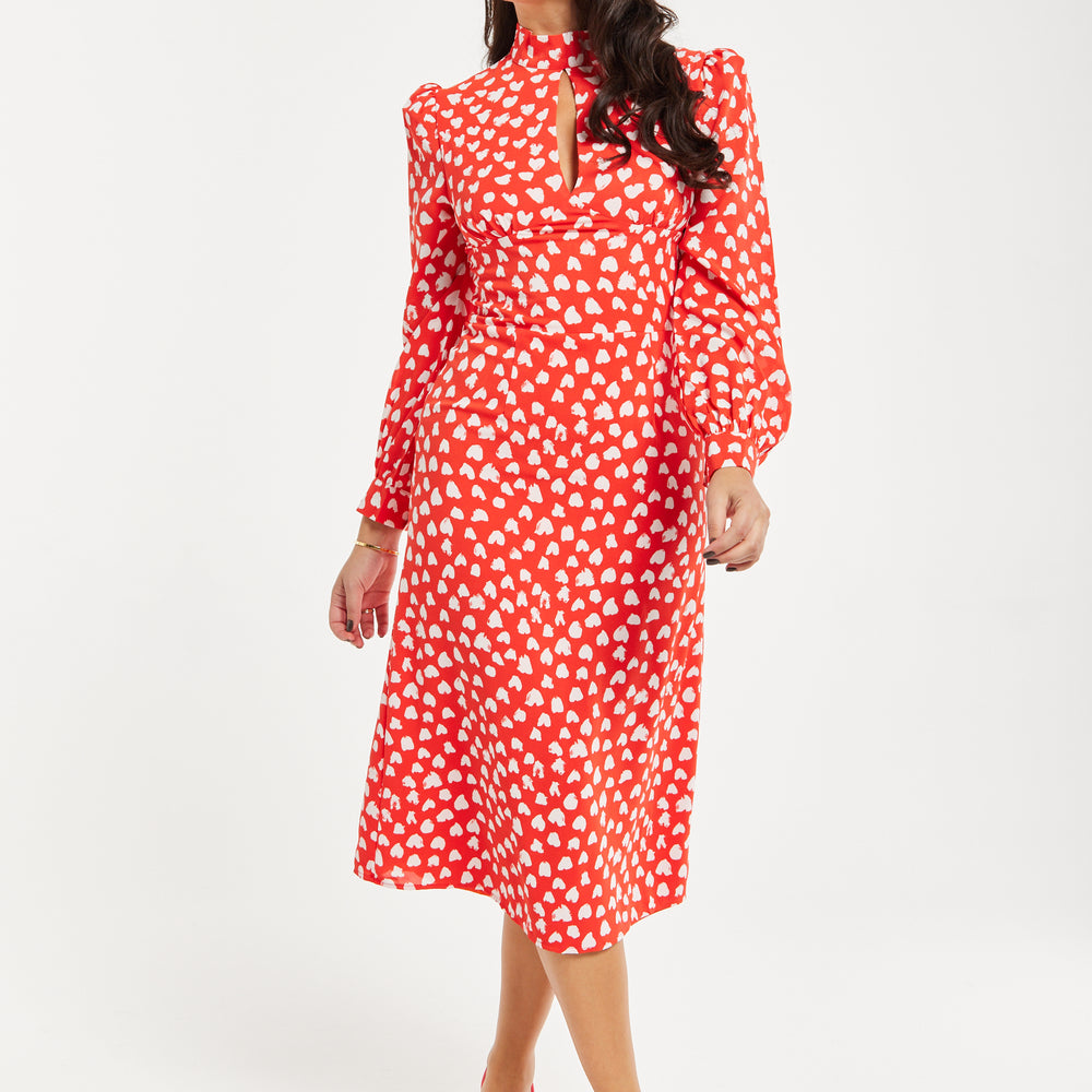 
                  
                    Women's Midi Dress with Long Balloon Sleeves in Red - Heart Print Elegance by Liquorish
                  
                