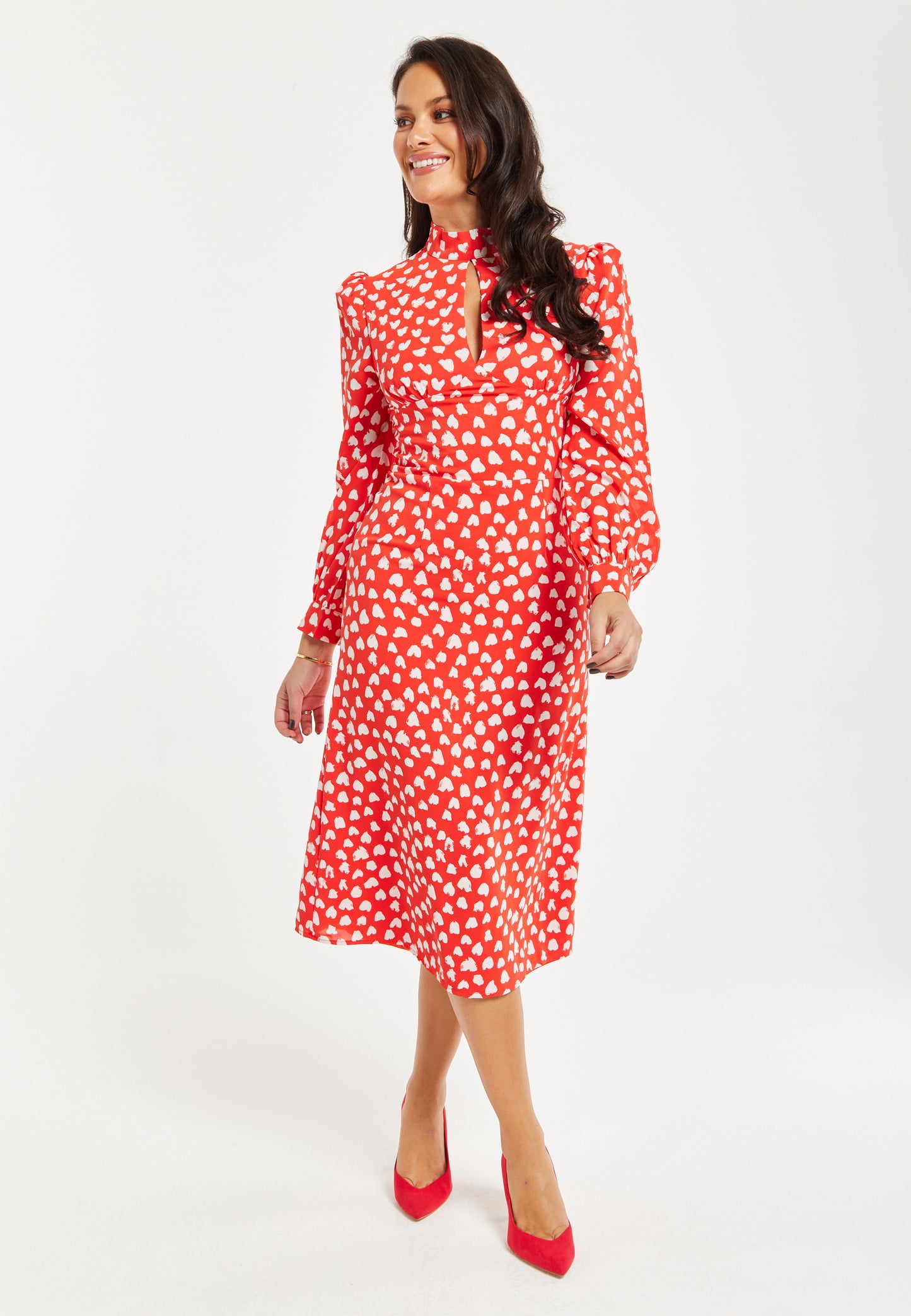 
                  
                    Women's Midi Dress with Long Balloon Sleeves in Red - Heart Print Elegance by Liquorish
                  
                