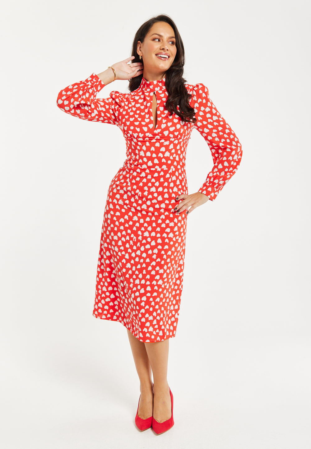 Women's Midi Dress with Long Balloon Sleeves in Red - Heart Print Elegance by Liquorish