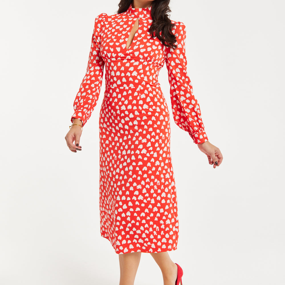 
                  
                    Women's Midi Dress with Long Balloon Sleeves in Red - Heart Print Elegance by Liquorish
                  
                