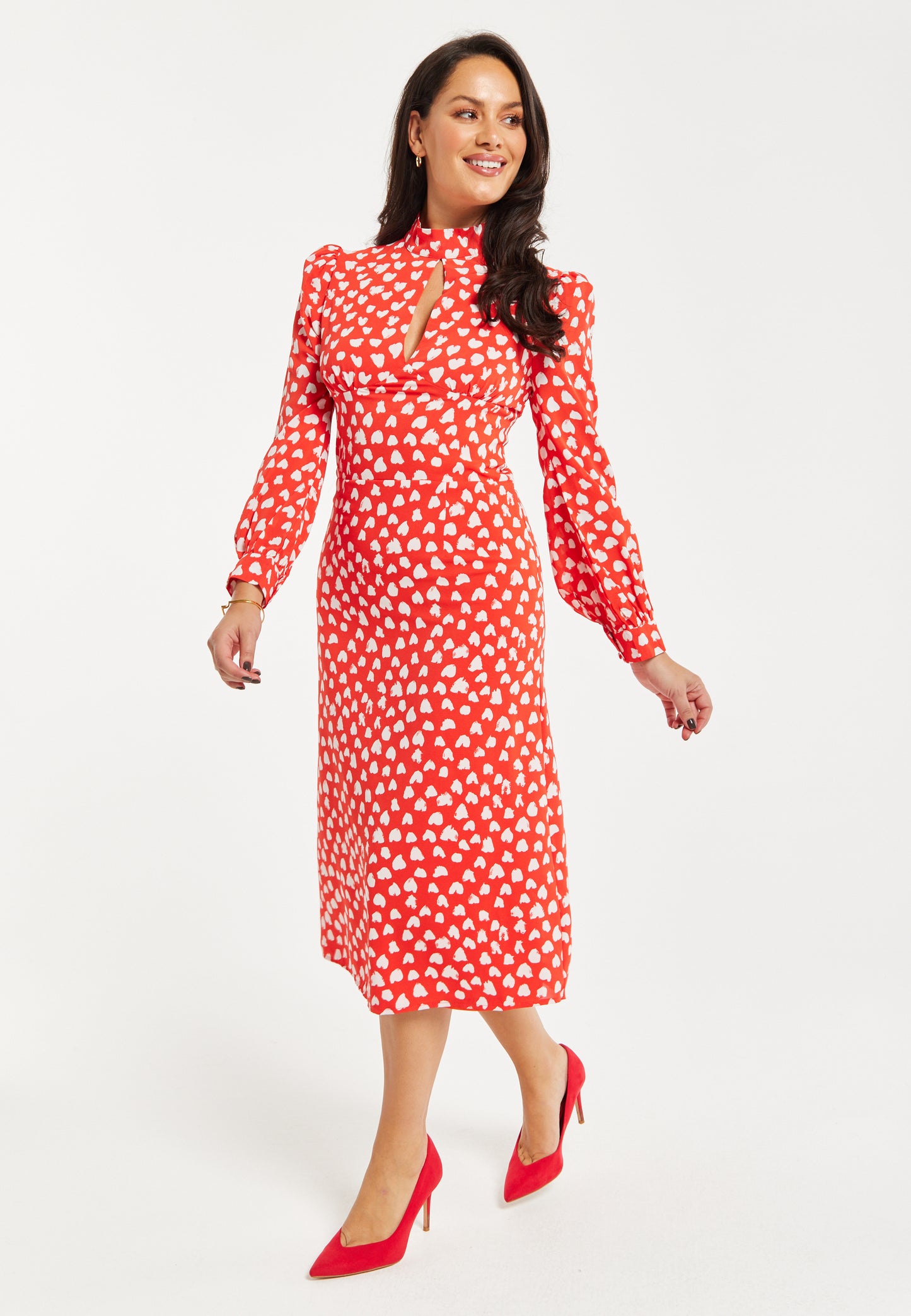 
                  
                    Women's Midi Dress with Long Balloon Sleeves in Red - Heart Print Elegance by Liquorish
                  
                