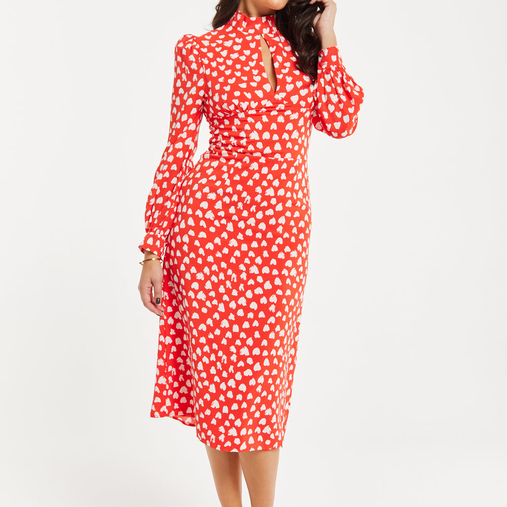 
                  
                    Women's Midi Dress with Long Balloon Sleeves in Red - Heart Print Elegance by Liquorish
                  
                