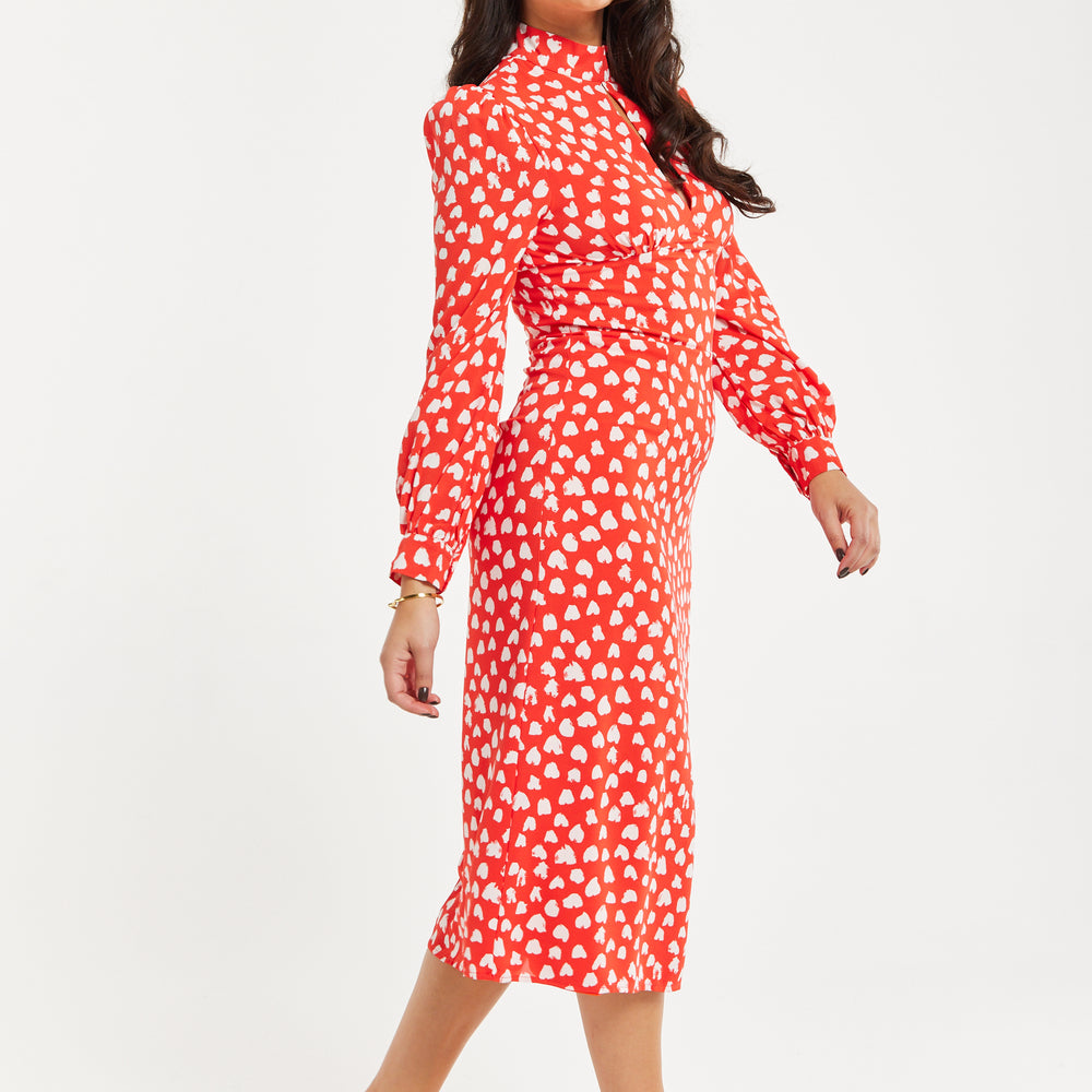 
                  
                    Women's Midi Dress with Long Balloon Sleeves in Red - Heart Print Elegance by Liquorish
                  
                