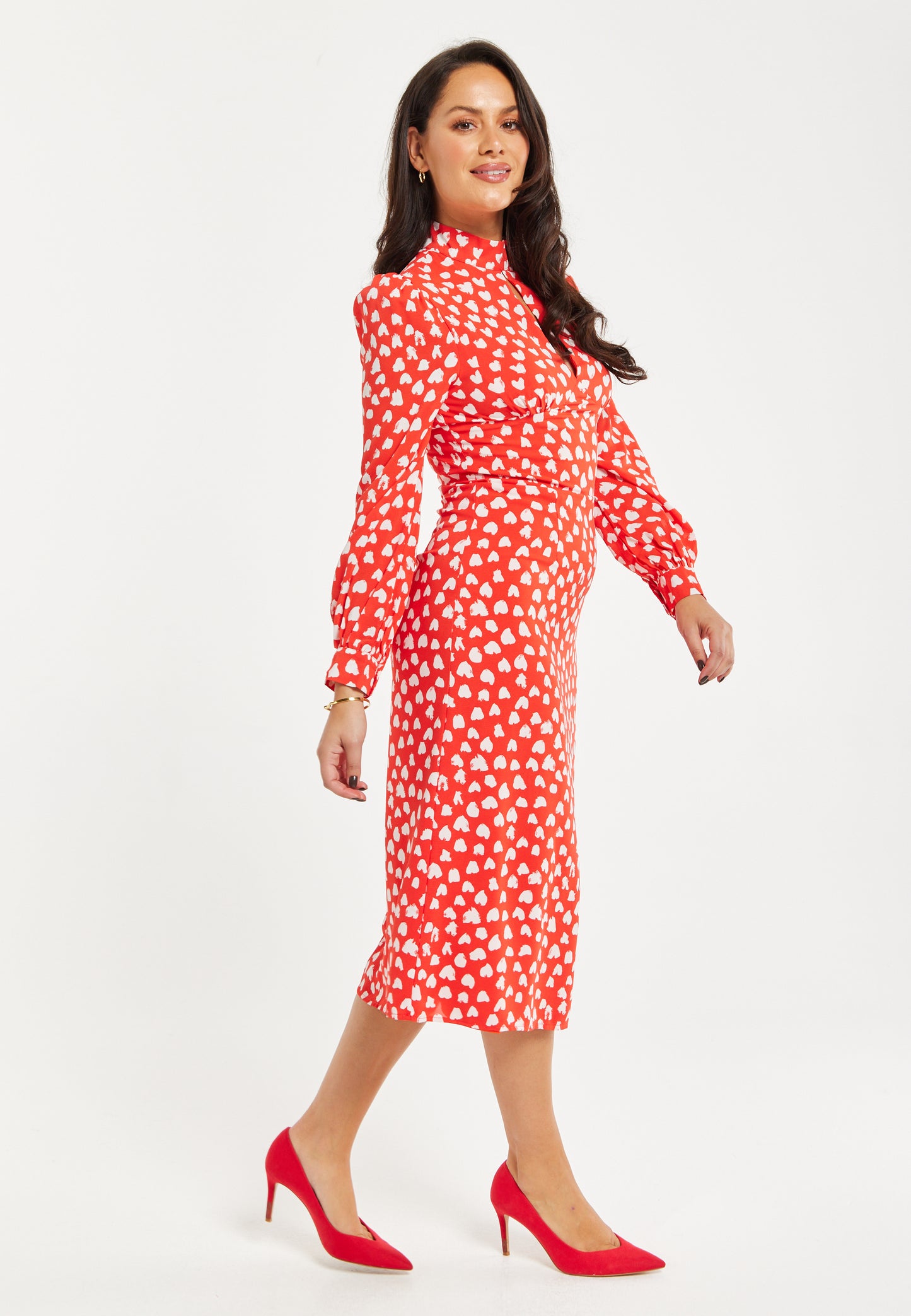 
                  
                    Women's Midi Dress with Long Balloon Sleeves in Red - Heart Print Elegance by Liquorish
                  
                