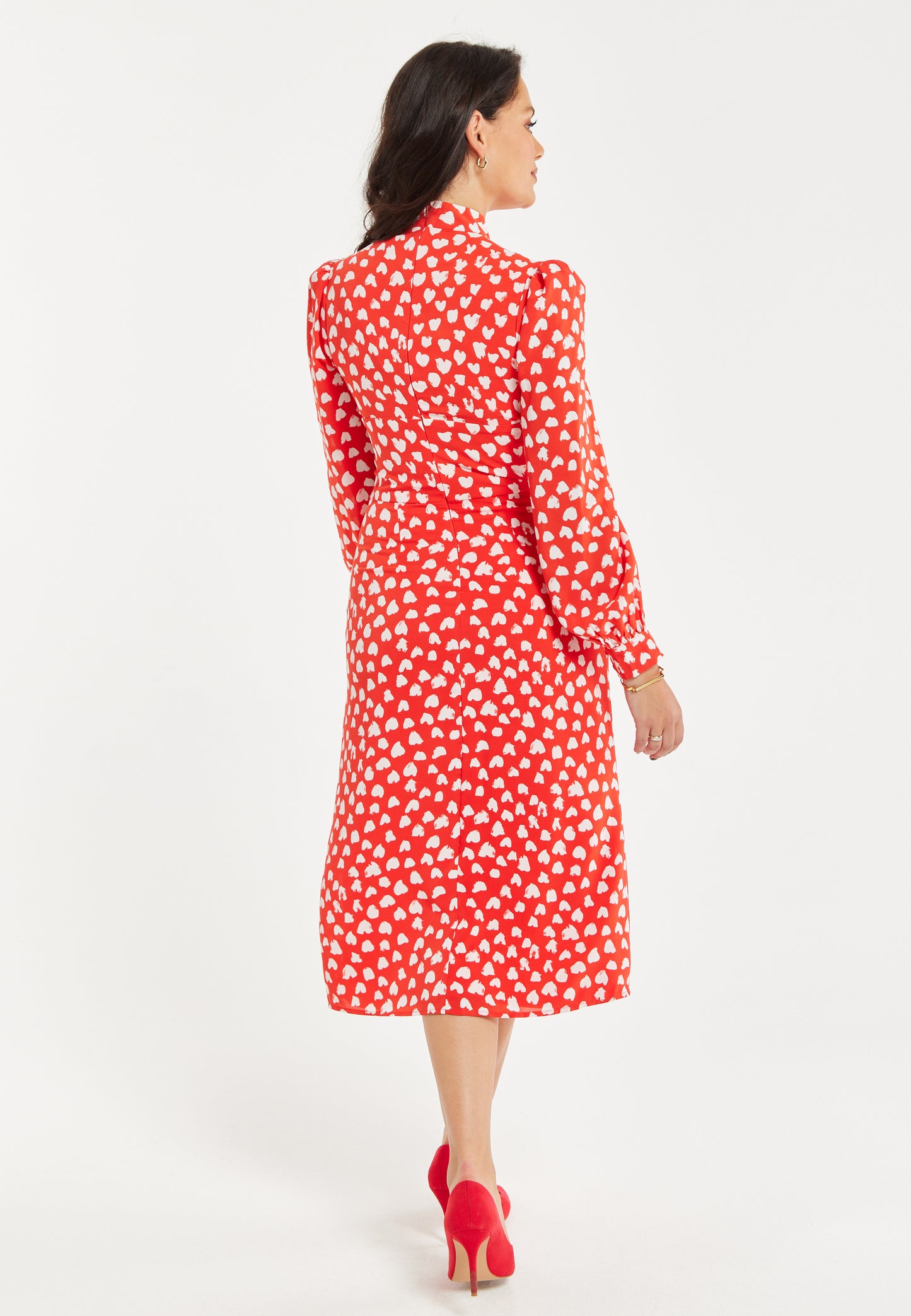 
                  
                    Women's Midi Dress with Long Balloon Sleeves in Red - Heart Print Elegance by Liquorish
                  
                