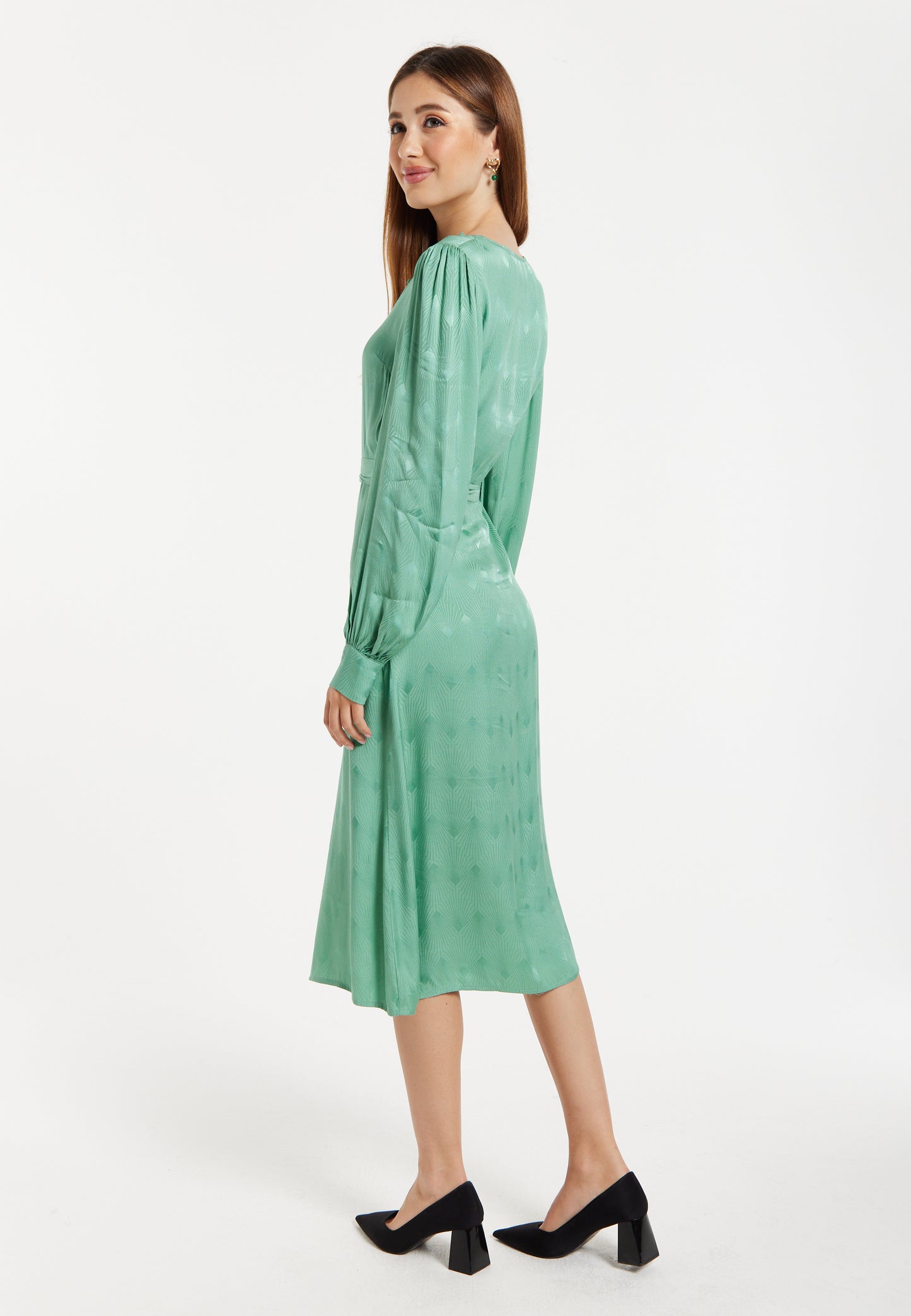 
                  
                    70s Style Jacquard Dress In Mint with Slit
                  
                