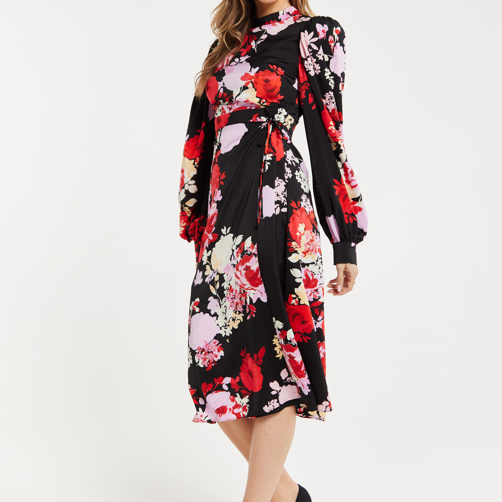 
                  
                    Women's Midi Wrap Dress with Long Balloon Sleeves in Rose Print and Open Back Detail - Liquorish
                  
                