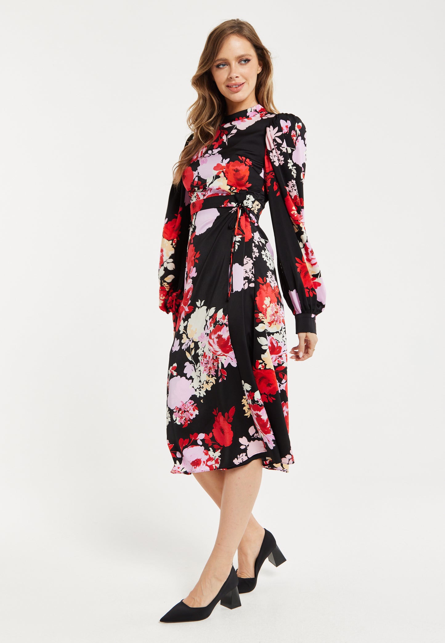 
                  
                    Women's Midi Wrap Dress with Long Balloon Sleeves in Rose Print and Open Back Detail - Liquorish
                  
                