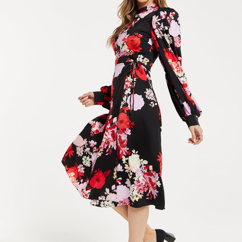 
                  
                    Women's Midi Wrap Dress with Long Balloon Sleeves in Rose Print and Open Back Detail - Liquorish
                  
                