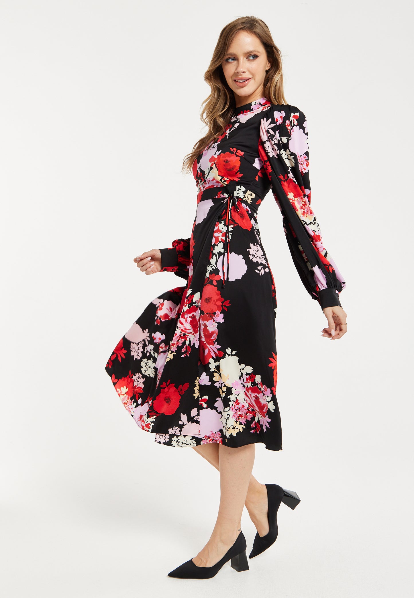 
                  
                    Women's Midi Wrap Dress with Long Balloon Sleeves in Rose Print and Open Back Detail - Liquorish
                  
                