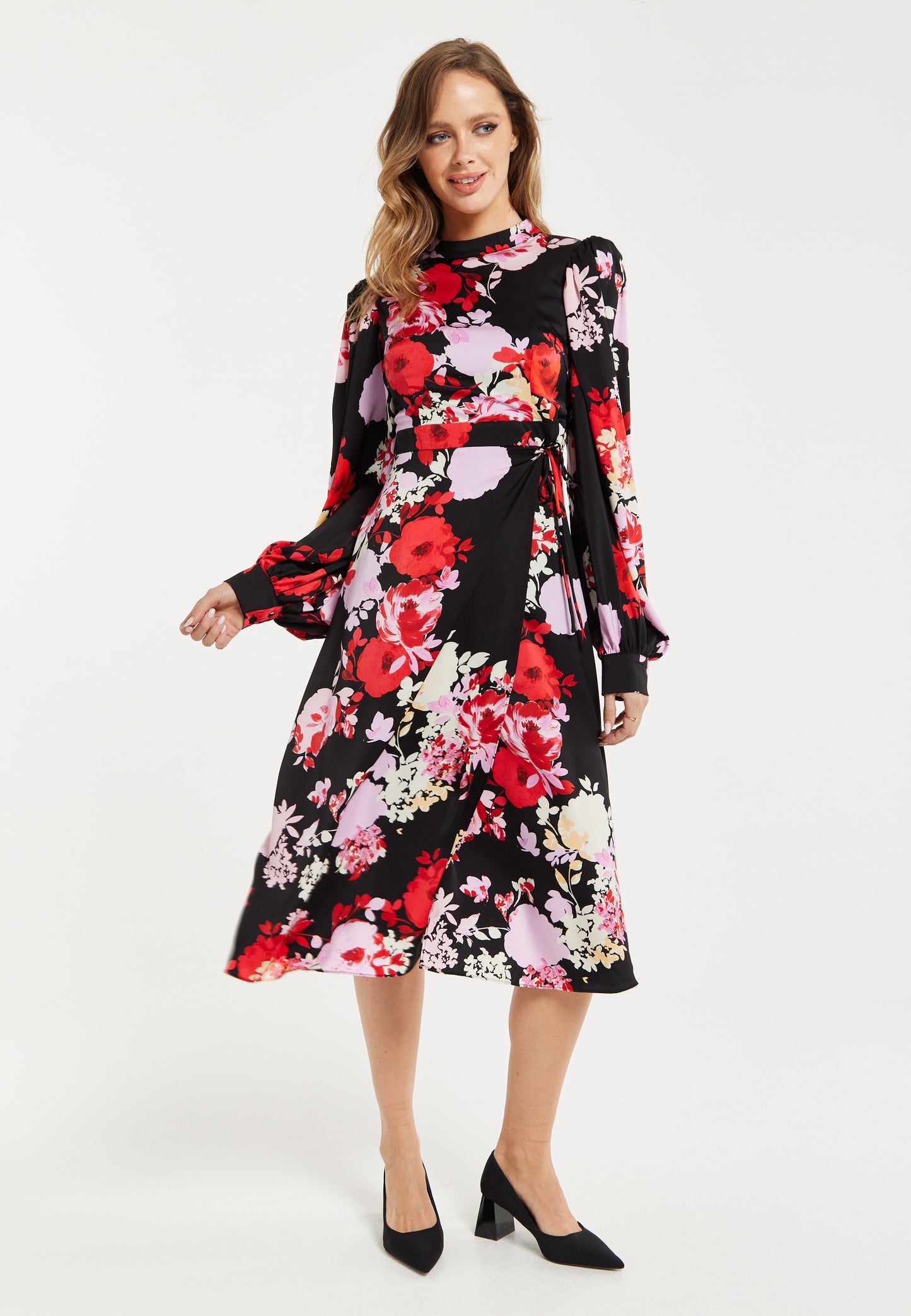 
                  
                    Women's Midi Wrap Dress with Long Balloon Sleeves in Rose Print and Open Back Detail - Liquorish
                  
                