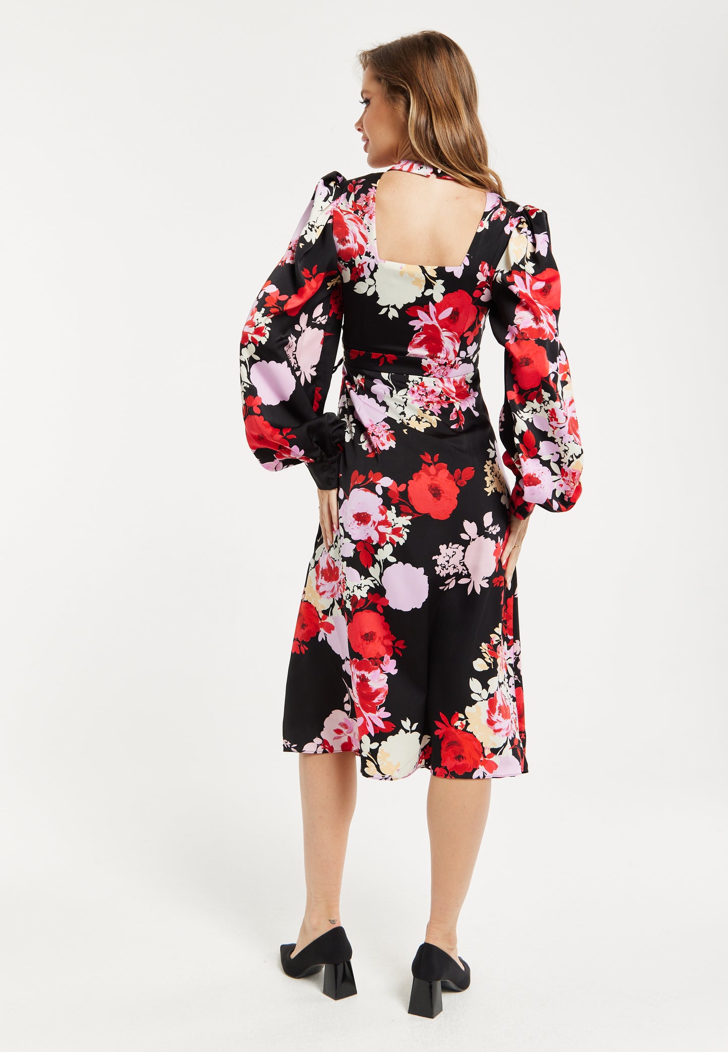 
                  
                    Women's Midi Wrap Dress with Long Balloon Sleeves in Rose Print and Open Back Detail - Liquorish
                  
                