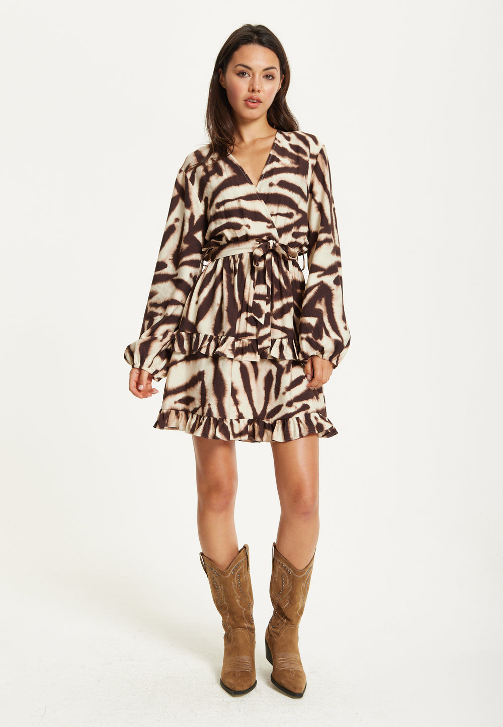 Zebra Print Ruffle Wrap Dress