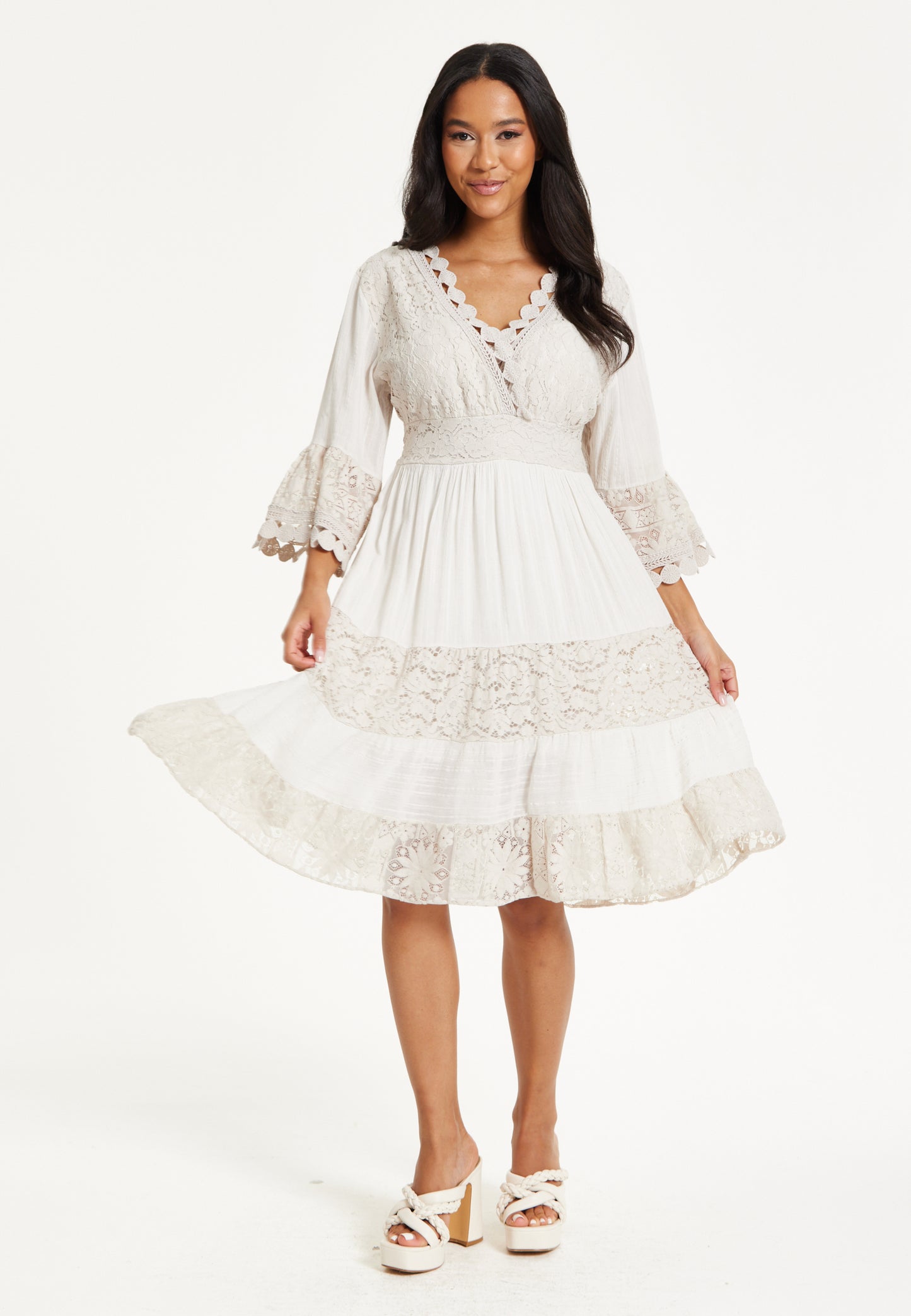 Cream Lace Trim Boho Midi Dress Liquorish Online Cream Lace Trim Boho Midi Dress Liquorish Online