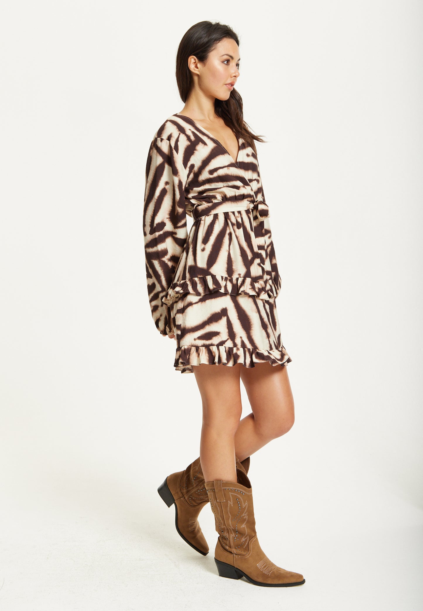 
                  
                    Zebra Print Ruffle Wrap Dress
                  
                