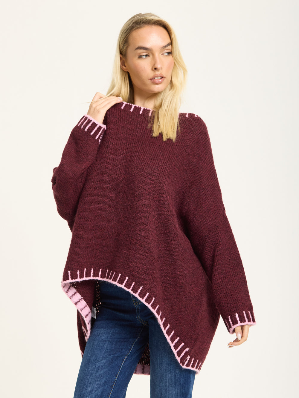 Burgundy Wool Blend Jumper Pink Trim