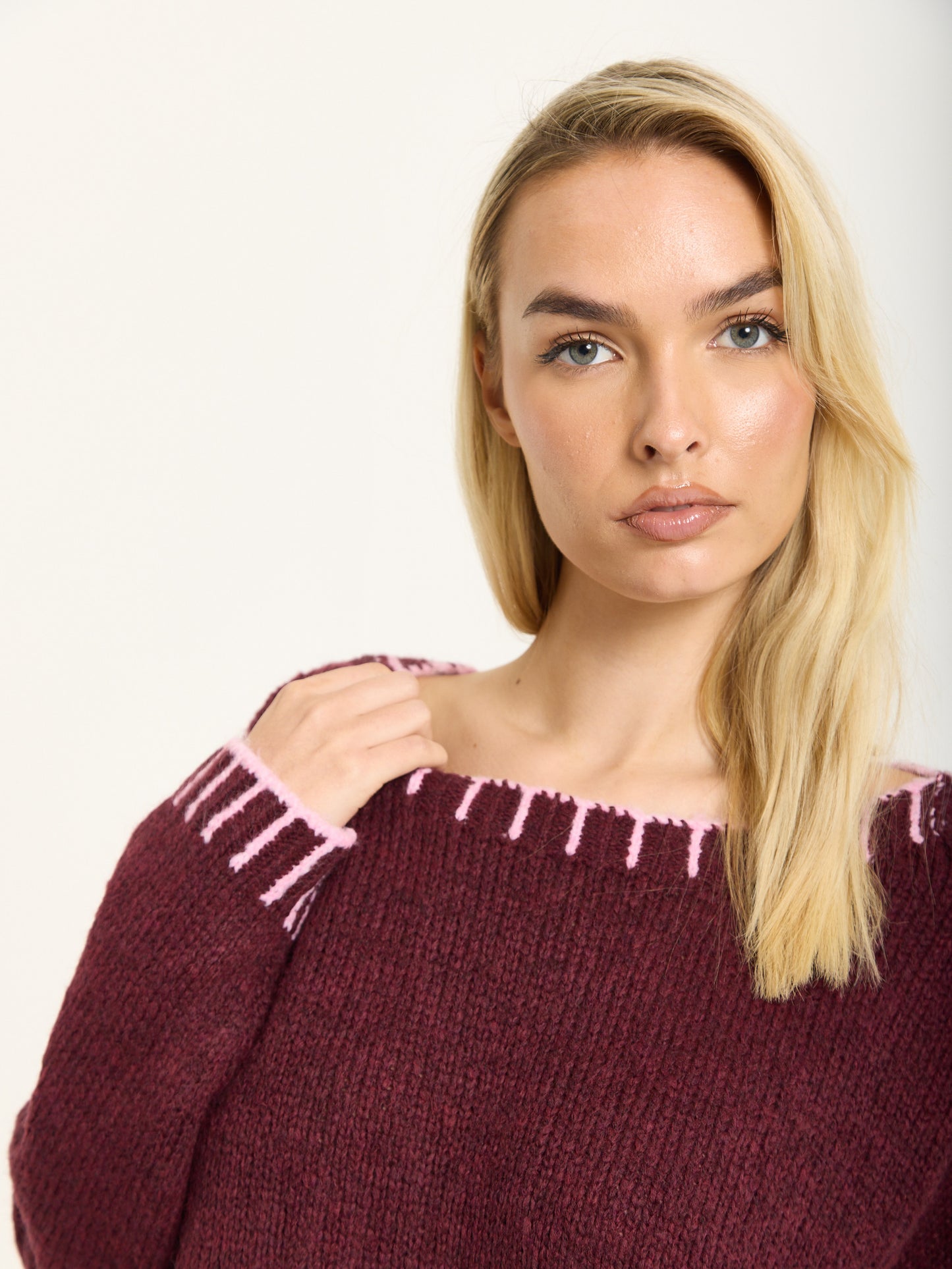 
                  
                    Burgundy Wool Blend Jumper Pink Trim
                  
                