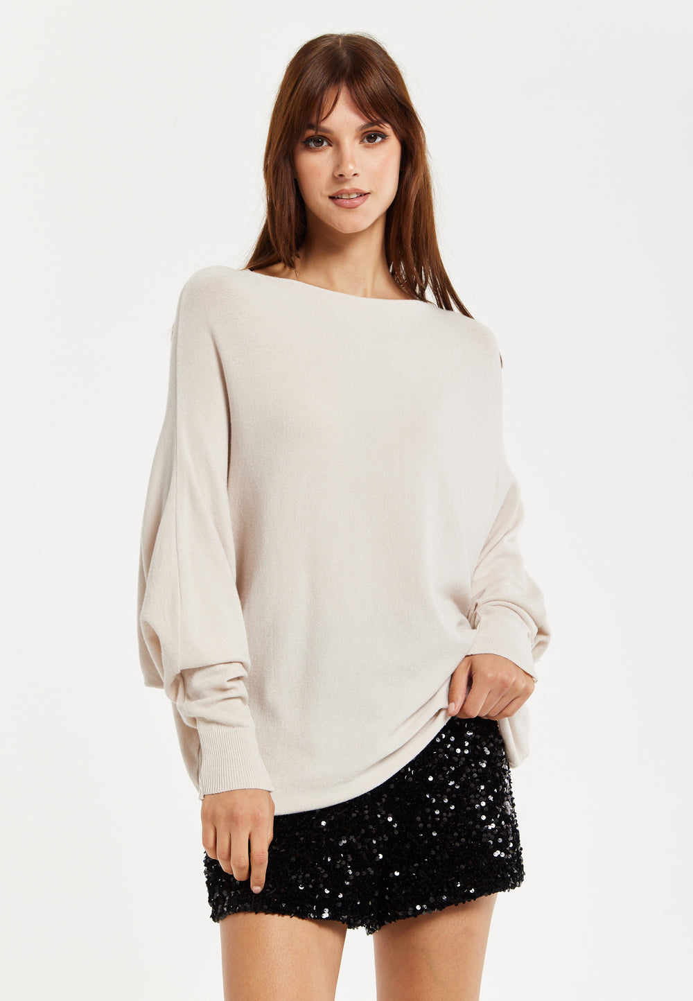 Liquorish Women's Jumper Cream Soft with Batwing Sleeves - Elegant Relaxed Fit and Wide Boat Neckline