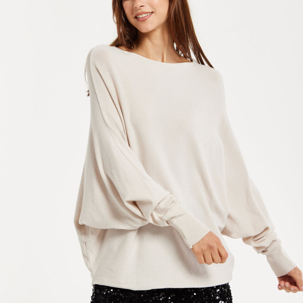 
                  
                    Liquorish Women's Jumper Cream Soft with Batwing Sleeves - Elegant Relaxed Fit and Wide Boat Neckline
                  
                