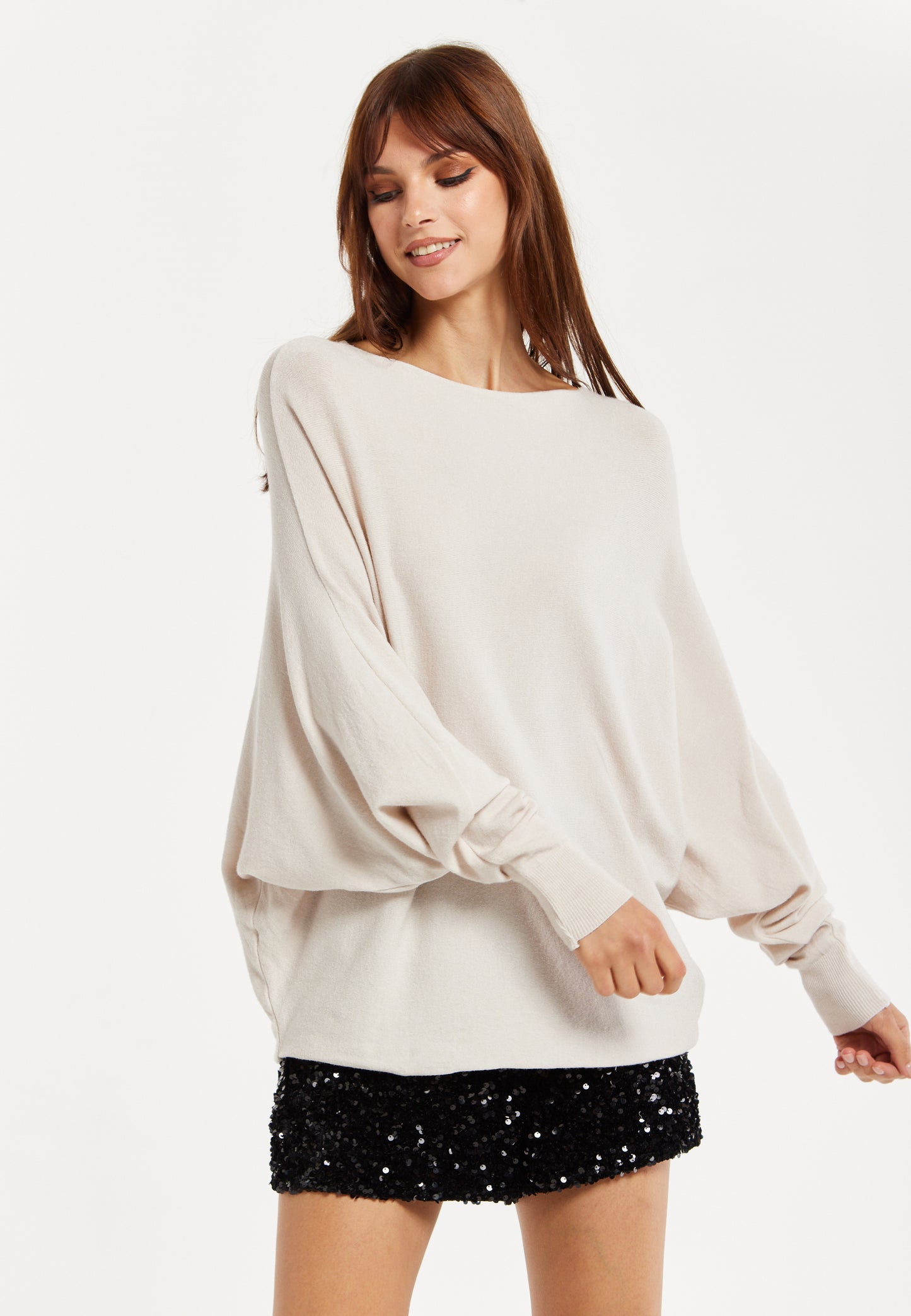 
                  
                    Liquorish Women's Jumper Cream Soft with Batwing Sleeves - Elegant Relaxed Fit and Wide Boat Neckline
                  
                