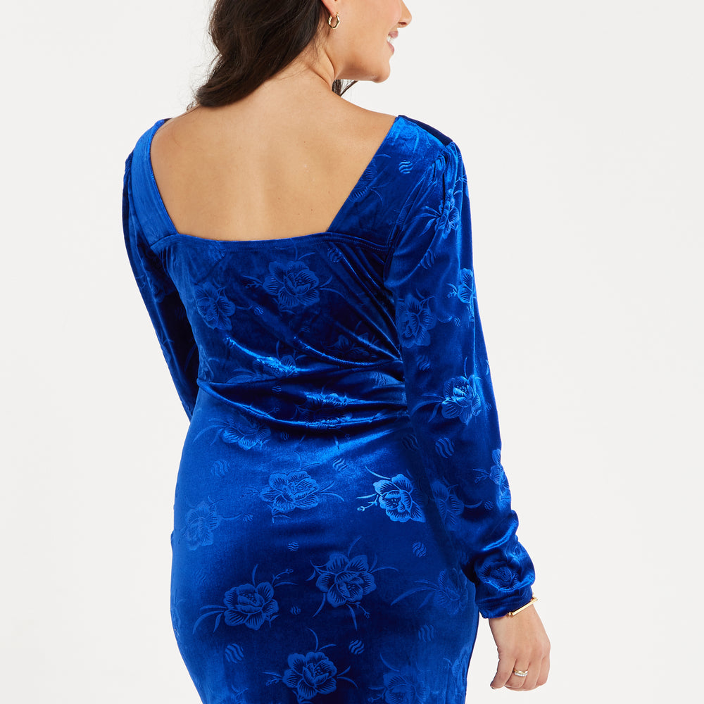 
                  
                    Women's Mini Dress in Royal Blue Velvet with Corset Detail, Long Sleeves & Floral Print by Liquorish
                  
                