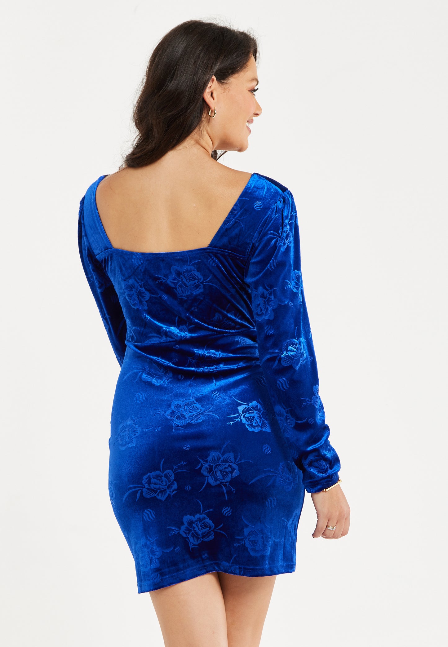 
                  
                    Women's Mini Dress in Royal Blue Velvet with Corset Detail, Long Sleeves & Floral Print by Liquorish
                  
                