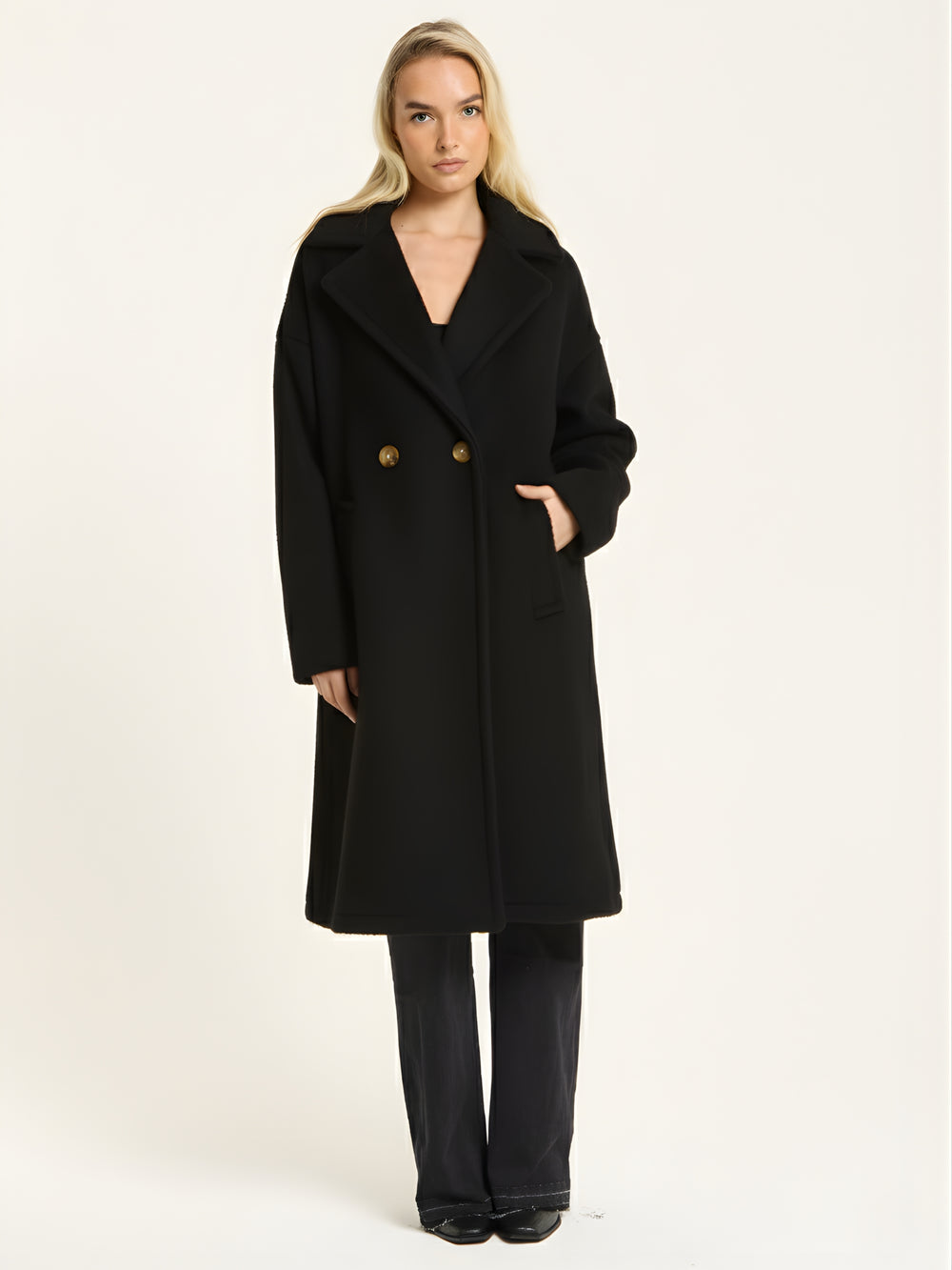 Black Wool Blend Double Breasted Coat