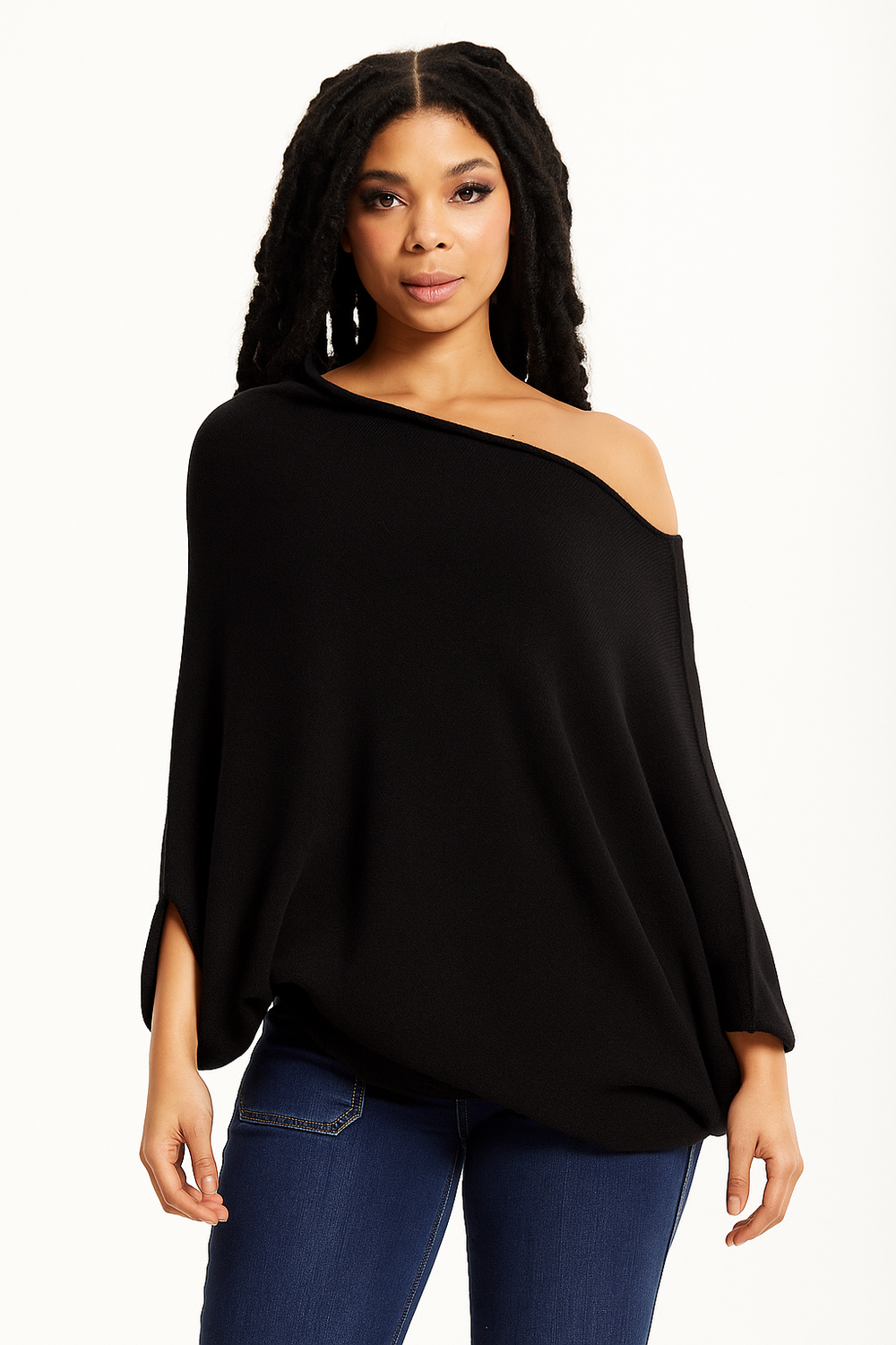 Black Off-Shoulder Knit Poncho Top