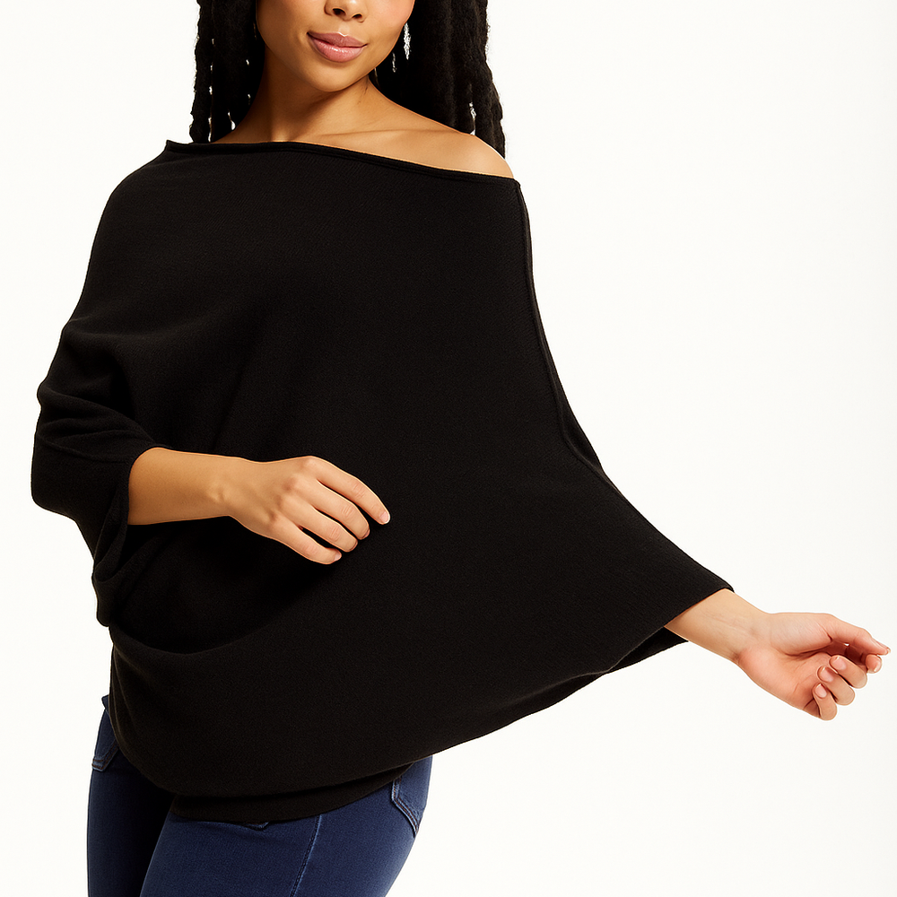 
                  
                    Black Off-Shoulder Knit Poncho Top
                  
                