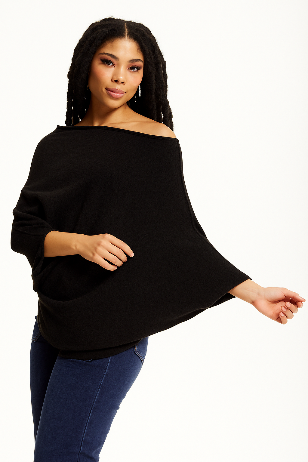 
                  
                    Black Off-Shoulder Knit Poncho Top
                  
                