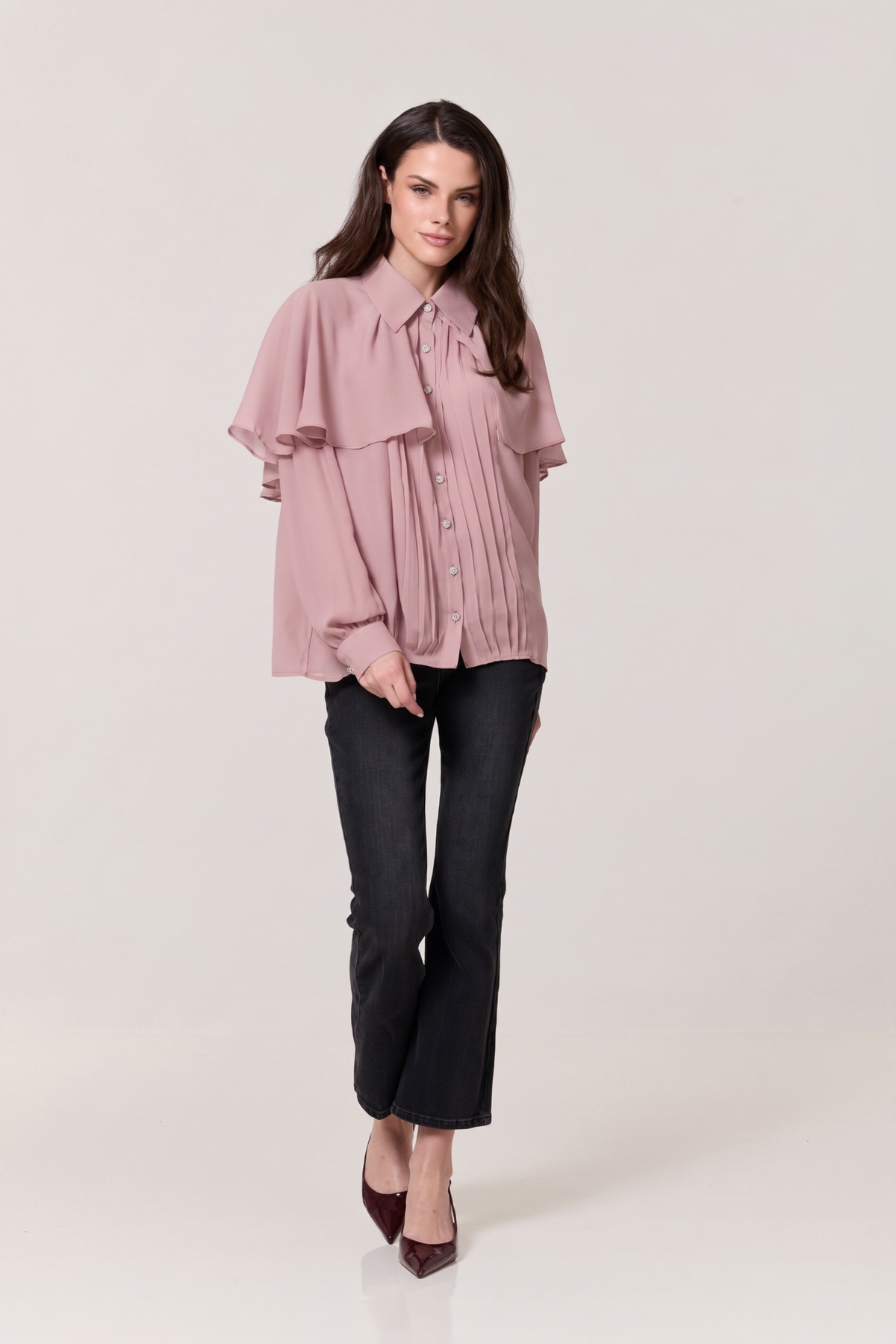 
                  
                    Pink Cape Detail Pleated Blouse
                  
                