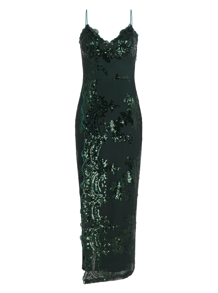 Liquorish Forest Green Sequin Maxi Dress With Long Slit
