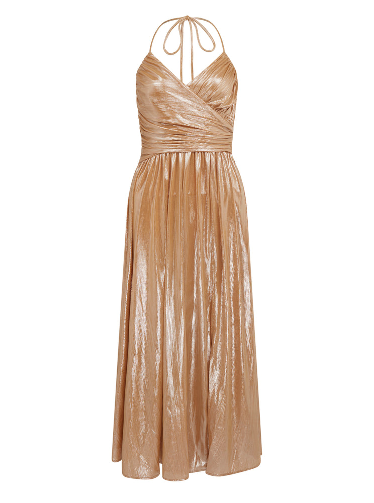 Liquorish Strapless Gold Foil Printed Jersey Maxi Dress