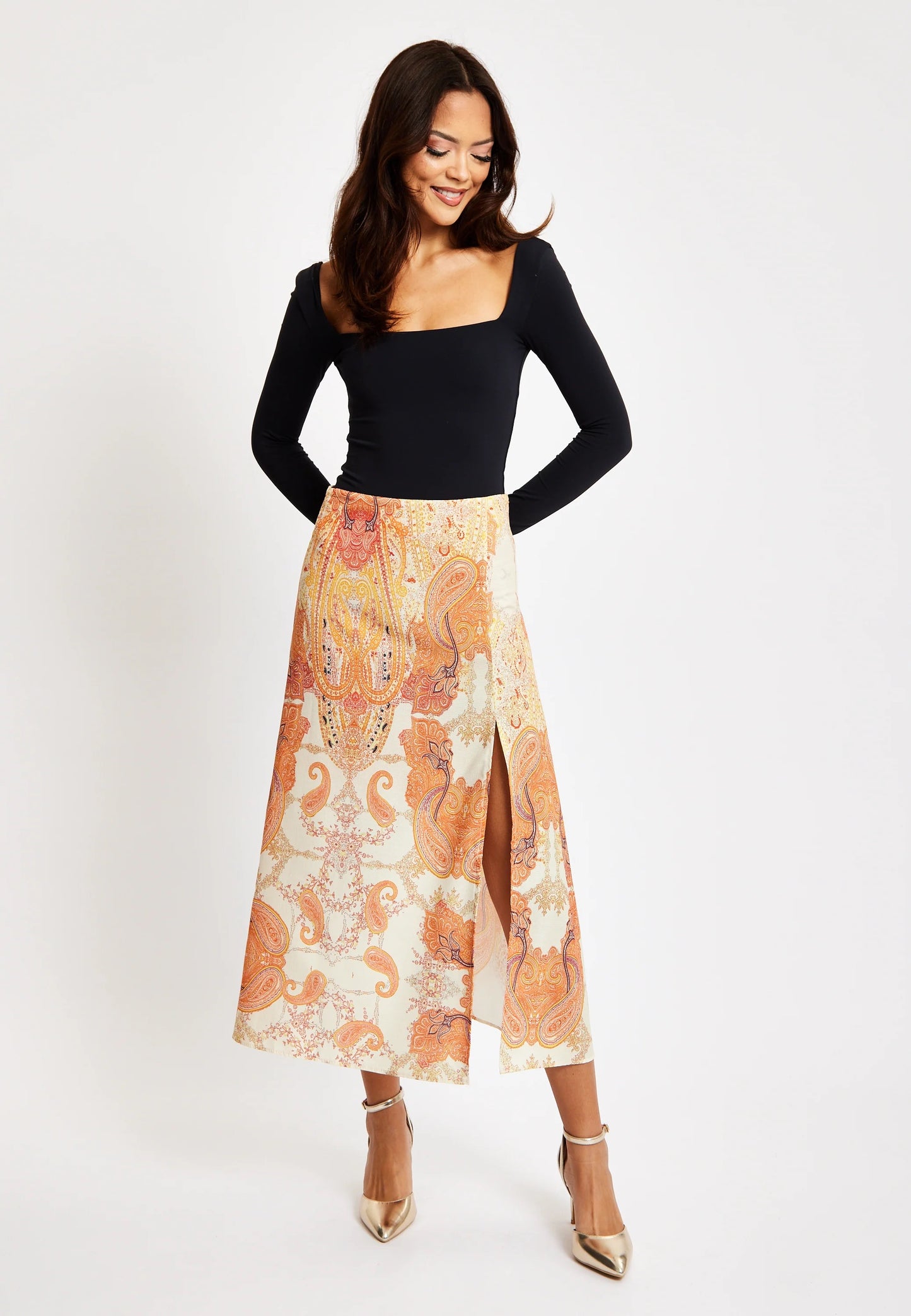 
                  
                    Liquorish Abstract Print Midi Skirt In Orange
                  
                