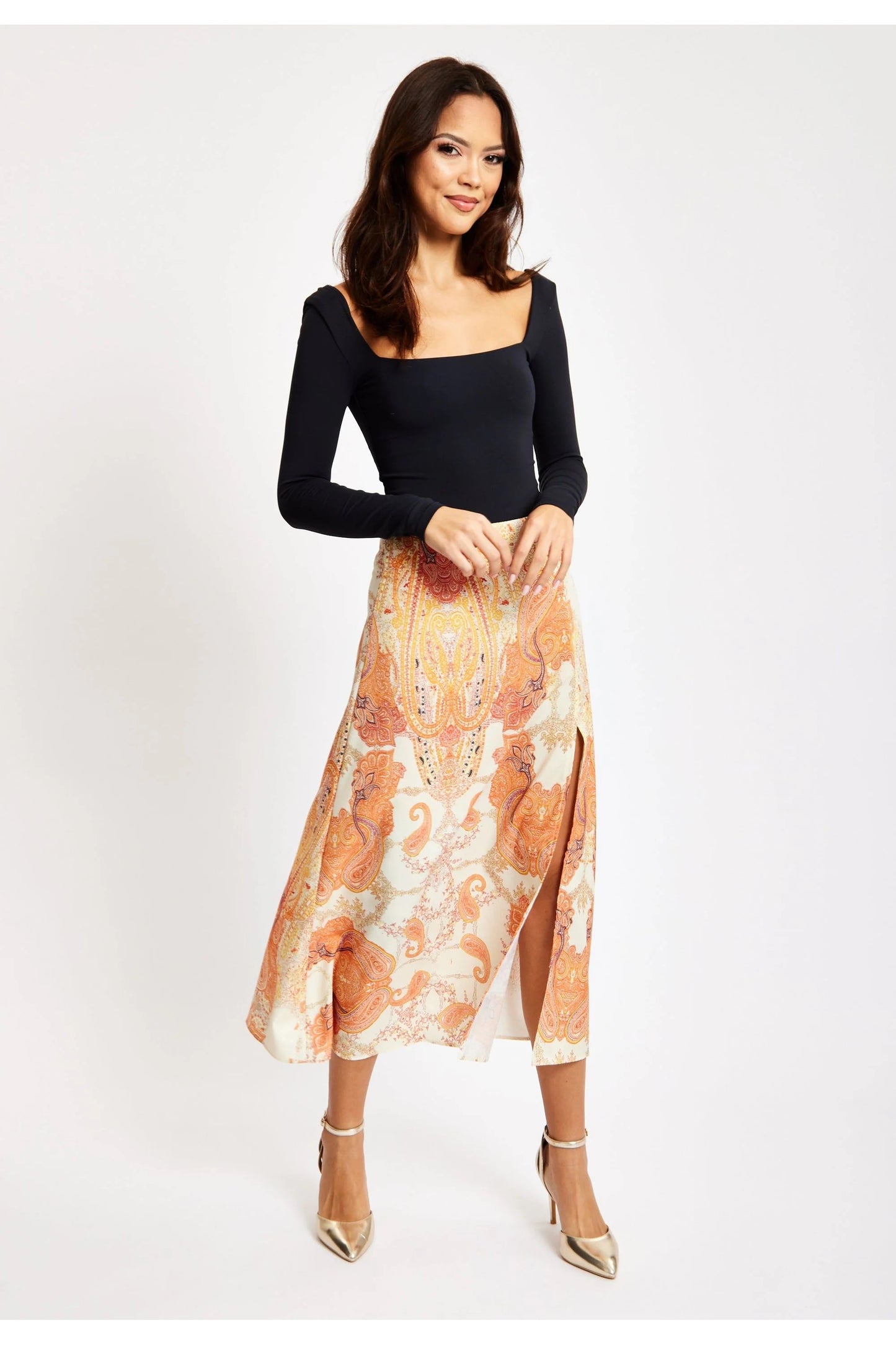 
                  
                    Liquorish Abstract Print Midi Skirt In Orange
                  
                