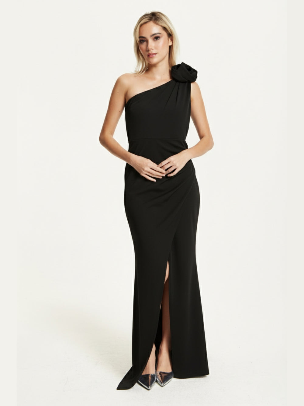 One Shoulder Black Rose Maxi Dress