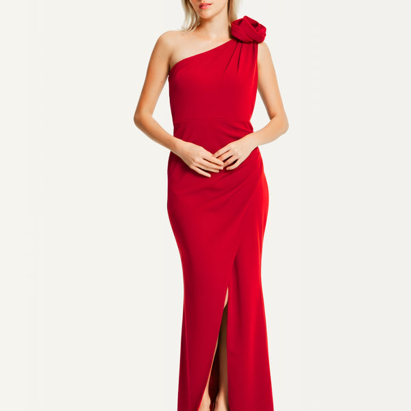 One Shoulder Red Rose Maxi Dress