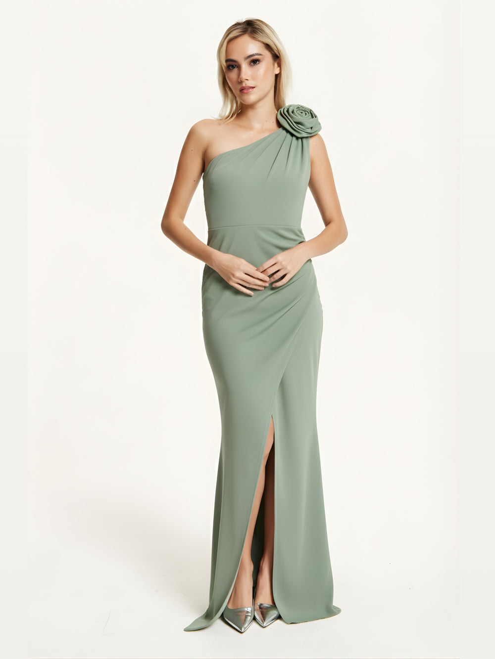 One Shoulder Sage Rose Maxi Dress