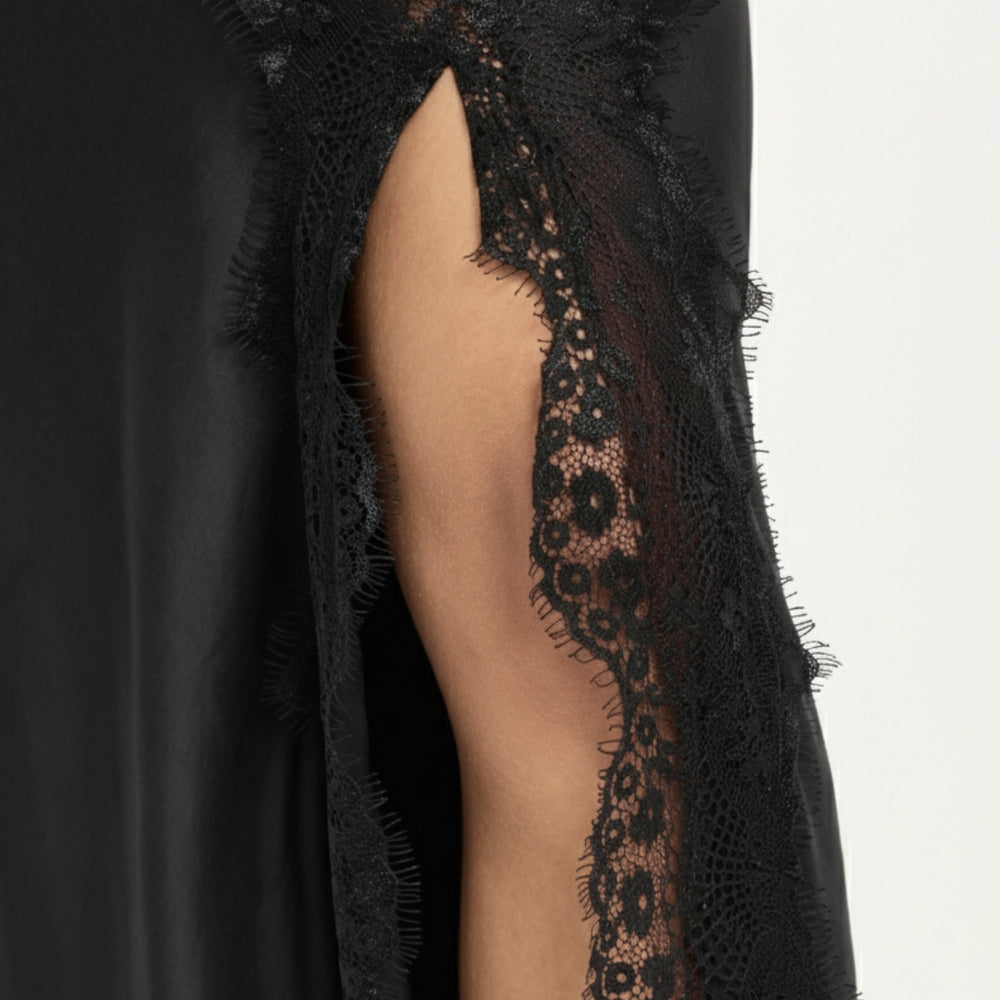 
                  
                    Black Satin Midi Skirt With Lace Trim
                  
                