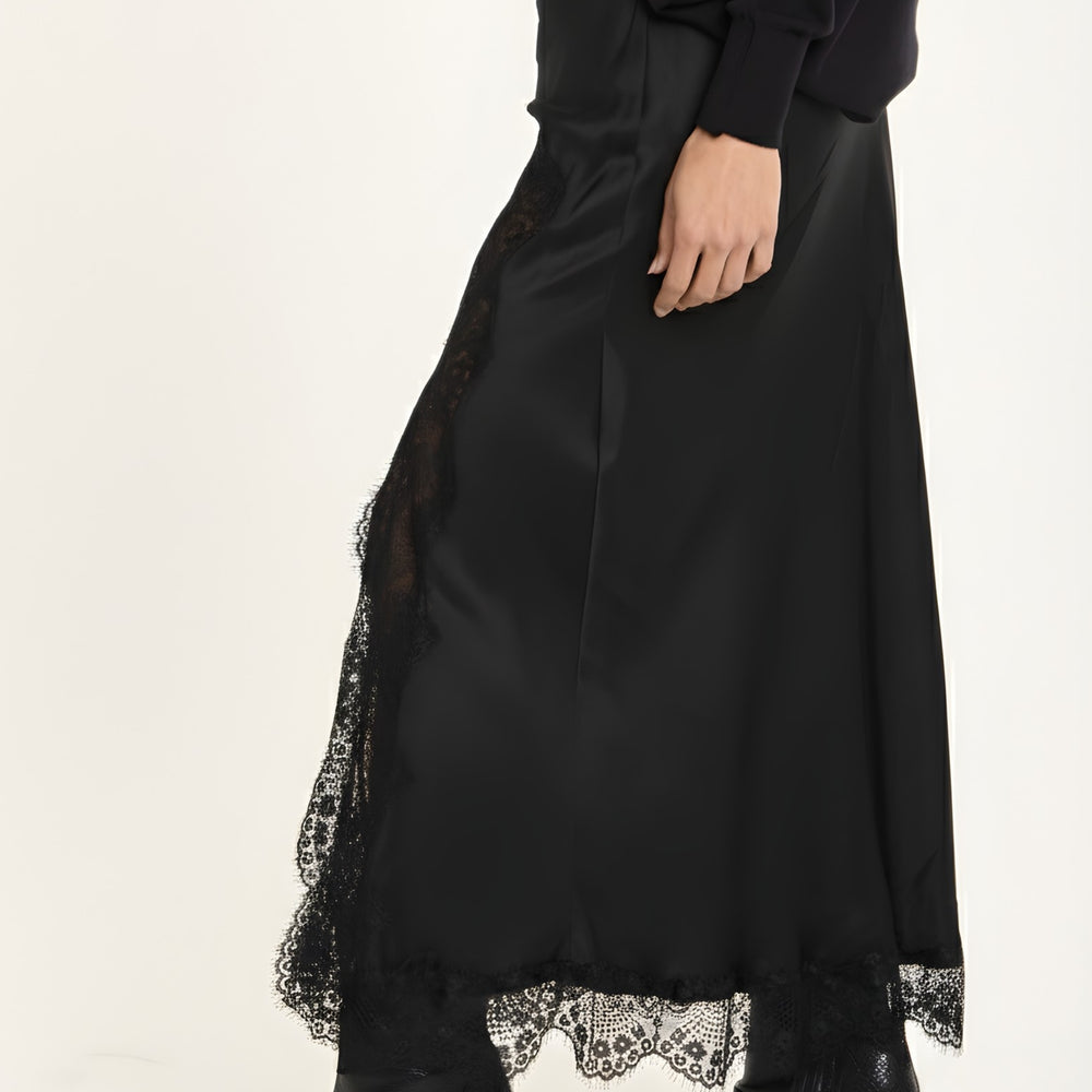 
                  
                    Black Satin Midi Skirt With Lace Trim
                  
                