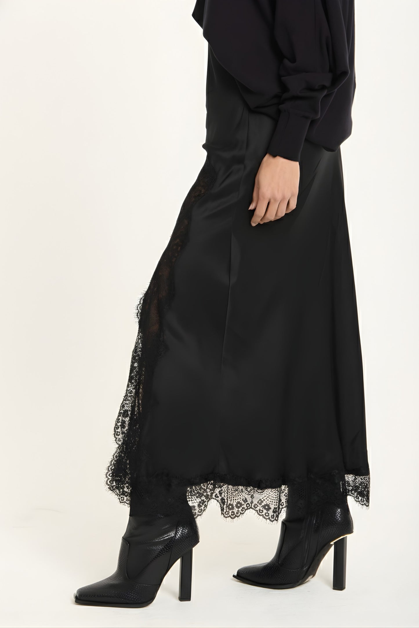 
                  
                    Black Satin Midi Skirt With Lace Trim
                  
                