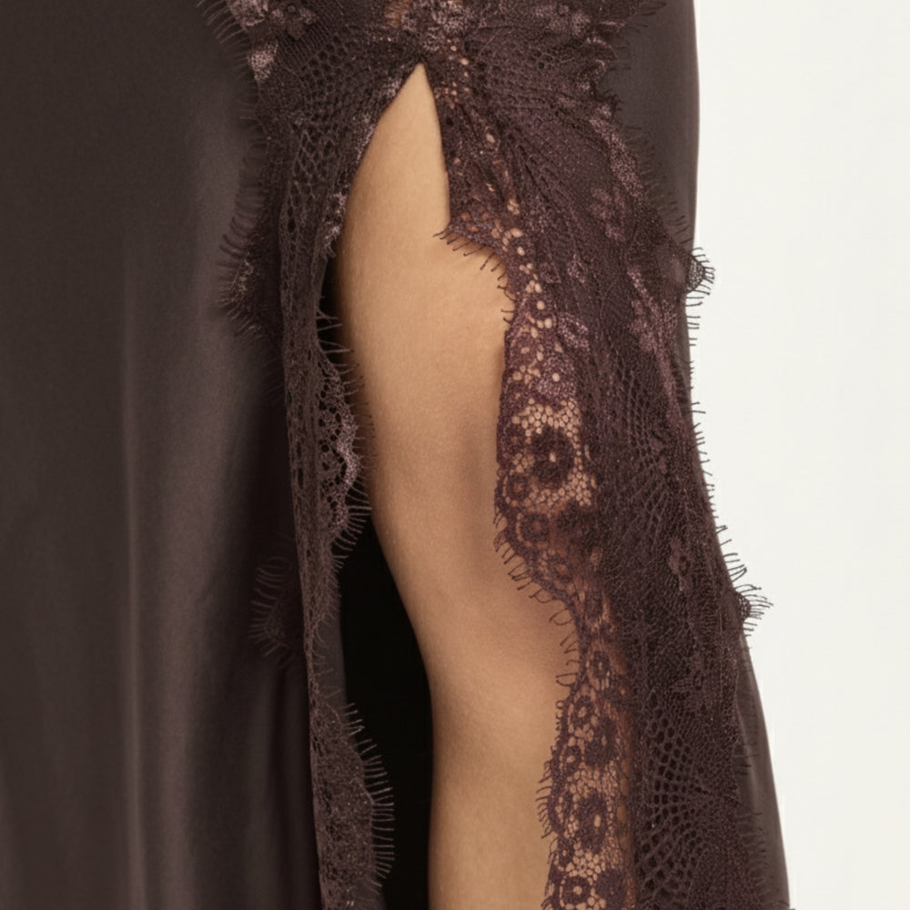 
                  
                    Brown Satin Midi Skirt With Lace Trim
                  
                