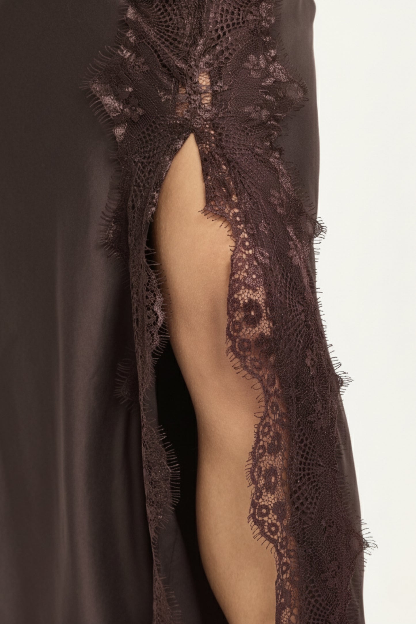 
                  
                    Brown Satin Midi Skirt With Lace Trim
                  
                