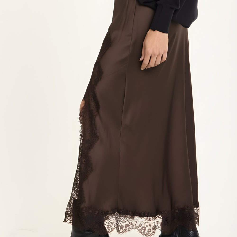 
                  
                    Brown Satin Midi Skirt With Lace Trim
                  
                