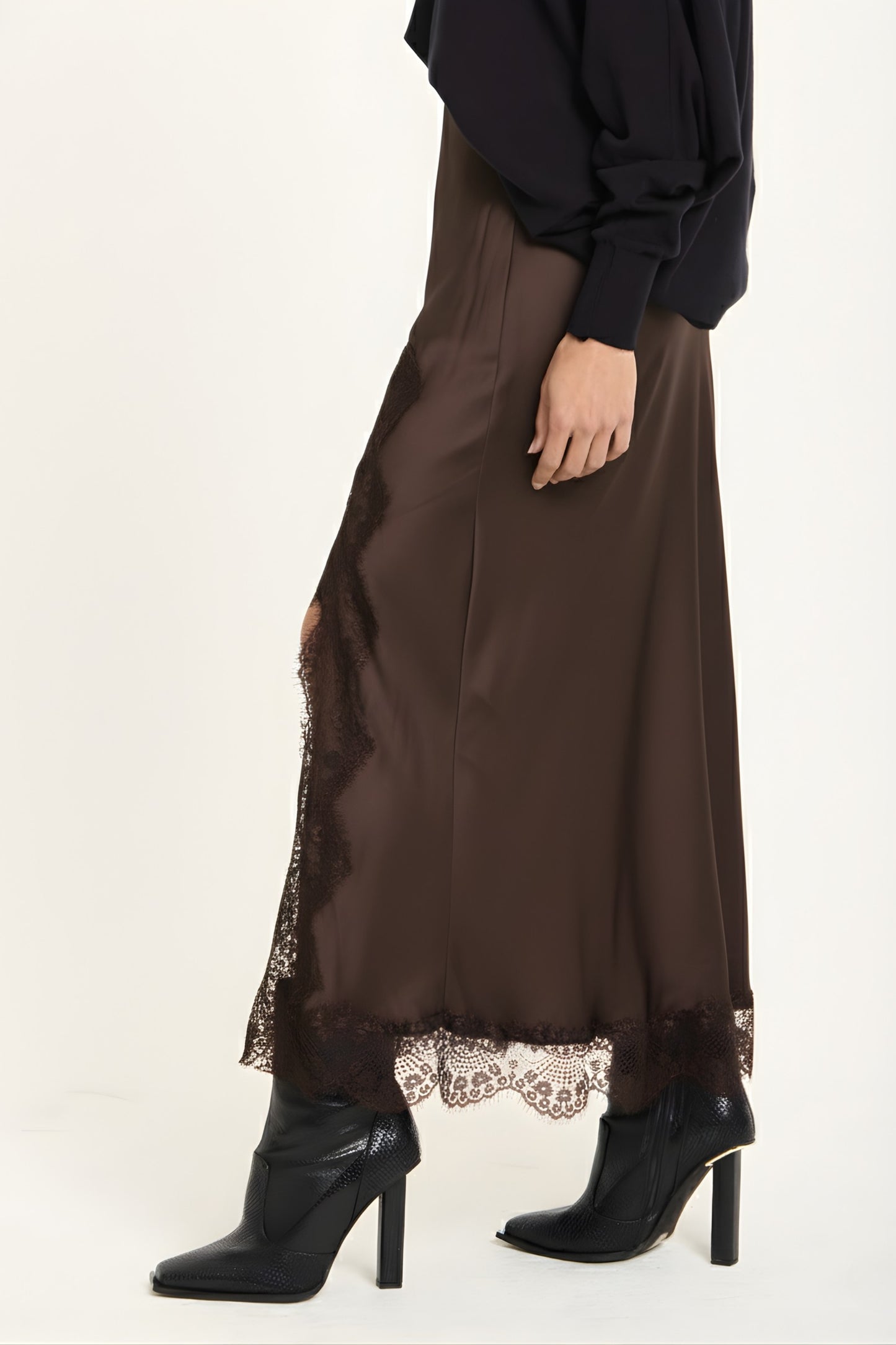 
                  
                    Brown Satin Midi Skirt With Lace Trim
                  
                