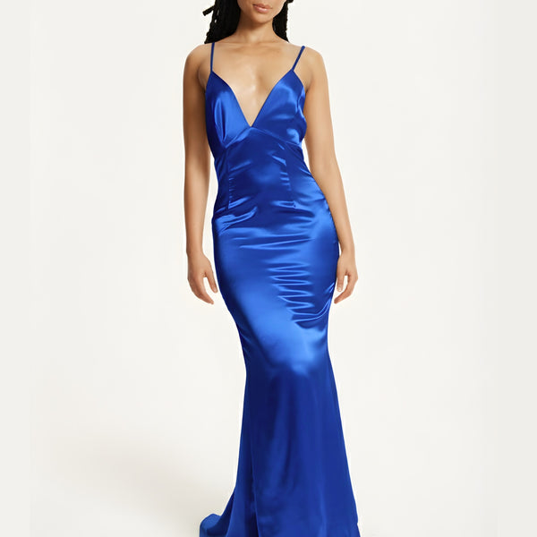 Blue Satin Plunge Maxi Dress