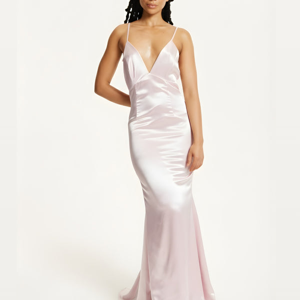 Pink Satin Plunge Maxi Dress